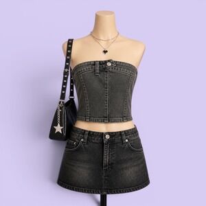 PrettyLittleThing Petite Grey Denim Button Detail Corset Top Bandeau Size US 8